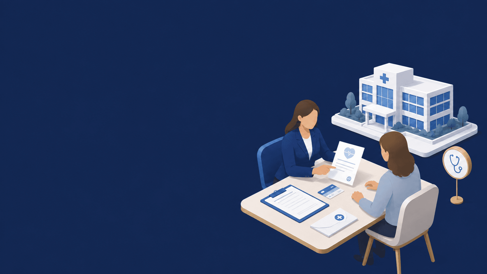 Advogada e cliente conferem documentos à mesa, com um hospital ao fundo.