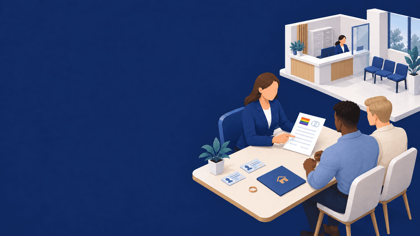 Advogada apresenta um documento a um casal; sobre a mesa, documentos de identidade e alianças, e ao fundo a recepção de um cartório.