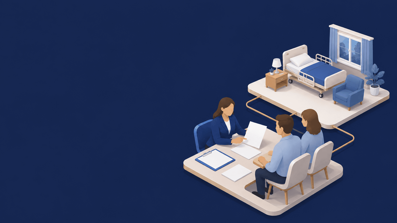 Reunião à mesa ligada por um caminho a um quarto doméstico com cama hospitalar.