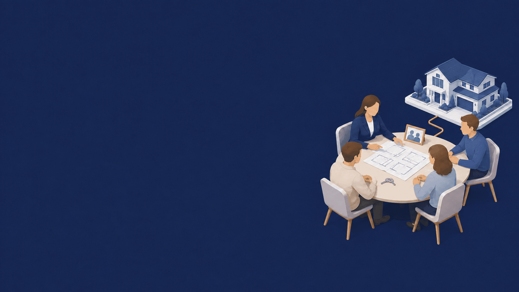 Família reunida em uma mesa redonda com uma advogada, com uma casa ao fundo.