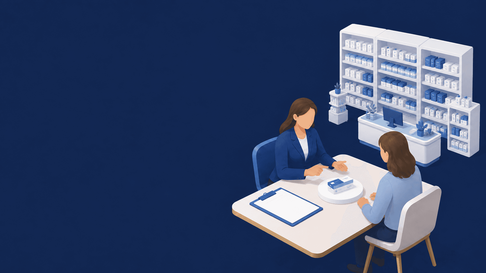 Advogada e cliente à mesa, com uma caixa de medicamento em destaque e prateleiras de farmácia ao fundo.